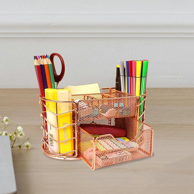 Desk Organizer, Pen Holder for Desk, Metal Pencil Caddy Storage for Desktop Office Supplies (Rose Gold)
