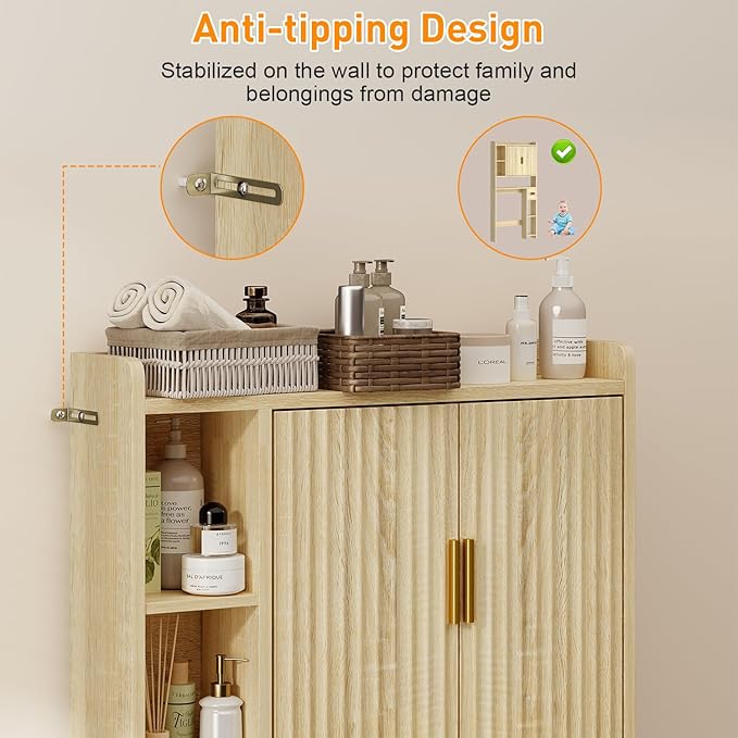 Fluted Over The Toilet Storage Cabinet, Above Toilet Bathroom Organizer with Toilet Paper Holder, Modern Behind Toilet Cabinet, Space Saver for Restroom, Bathroom, Laundry, Natural Oak