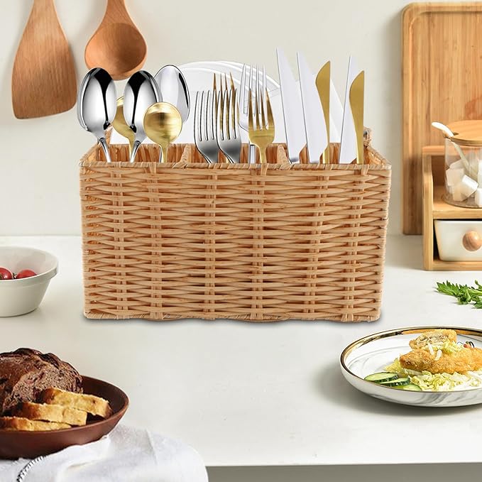 Silverware Organizer,Hand-Woven Wicker Kitchen Utensil Caddy with 4 Compartments,Cutlery Holder for Party Camping,Flatware Spoon Condiment Basket,Utensil Holder for Kitchen Counter with Handle