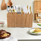 Silverware Organizer,Hand-Woven Wicker Kitchen Utensil Caddy with 4 Compartments,Cutlery Holder for Party Camping,Flatware Spoon Condiment Basket,Utensil Holder for Kitchen Counter with Handle