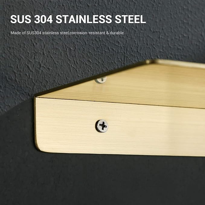TRUSTMI Floating Shelf Wall Mounted Brushed Gold SUS304 Stainless Steel Storage Shelves for Bathroom Kitchen Bedroom Home Décor, (12 inch x 4 inch), Brushed Brass