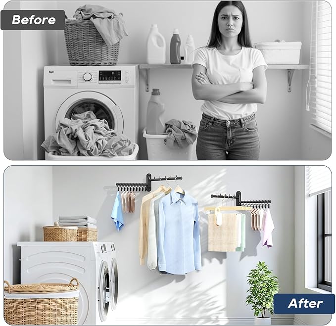 Wall Mounted Drying Rack, 2-Tier Laundry Drying Rack with Swing Arm, Space-Saving Foldable Laundry Clothes Hanger with 10 Clips for Laundry Room Closet Organizer Bathroom Bedroom (2 Pack)