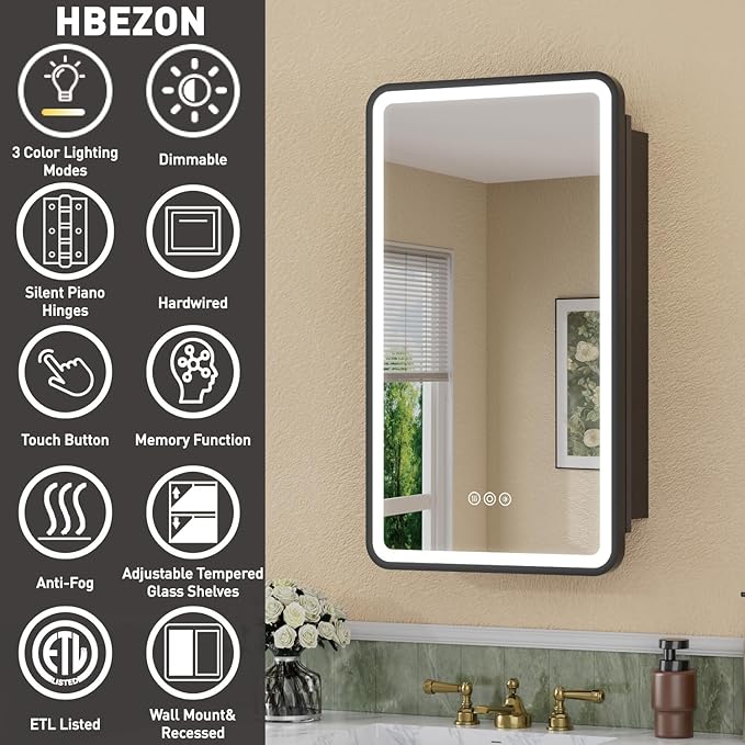 16 x 28 Inch LED Medicine Cabinet with Mirror, UL Certified Dimmable Lighted Bathroom Mirror Cabinet, Anti-Fog & Memory Function, 3 Color Modes, Recessed or Wall Mounted, Adjustable Shelf, Black