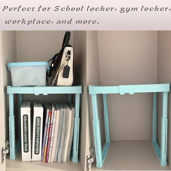 Adjustable Locker Shelf for School, Height and Width Adjustable Locker Organizer for Work, Stackable Locker Tools for Gym Lockers, Back to School Essentials, Mint Blue