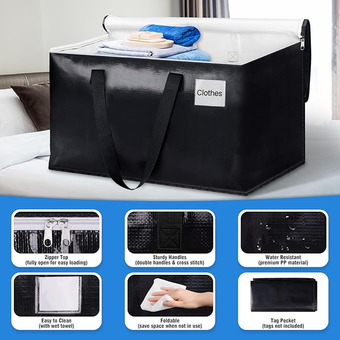 BlissTotes Moving Bags, Heavy Duty Moving Boxes with Zippers Top and Sturdy Handles, Storage Bags for Space Saving and Packing, Collapsible Moving Supplies, Storage Totes (76L, 4-Pack, Black)