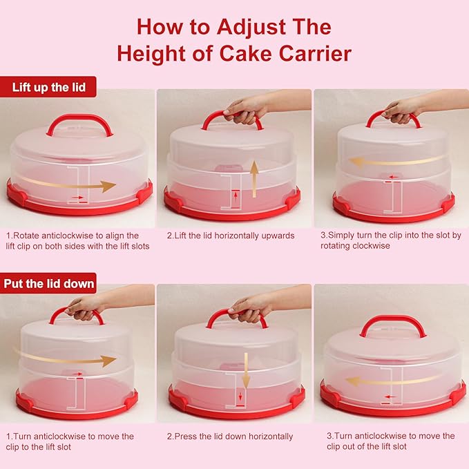 Bundt Cake Carrier, 13.5"Red Cake Carrier with Lid Handle Turntable and Cupcake Holder, Portable Cake Transport Container, Perfect Gifts for Transporting Cakes, Pies, Cupcakes, Nuts, Fruits
