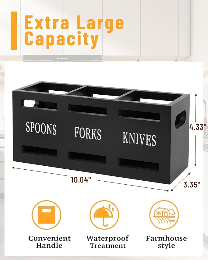 Kitchen Utensils Holder for Counter, Wooden Utensil Organizer for Storage Cooking and Silverware, Black Cooking Utensil Storage Box for Countertop,Wood Organizer with 3 Compartments,Rustic Minimalist.