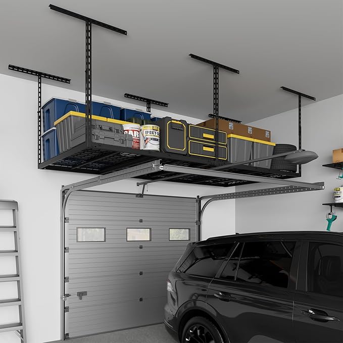 4X8FT Overhead Garage Storage Rack, 26"-40" Height Adjustable Garage Ceiling Storage Racks, Heavy Duty Metal Overhead Storage Organizer System, 750LBS Weight Capacity
