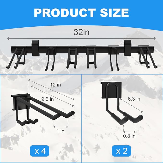 Ski Rack Wall Mount,10 Pairs Ski Holders for Wall with Movable Rubber-Coated Hooks for Garage Storage Organizer System,Snowboard Wall Mount for Garage and Home Shed, Holds Up to 600lbs