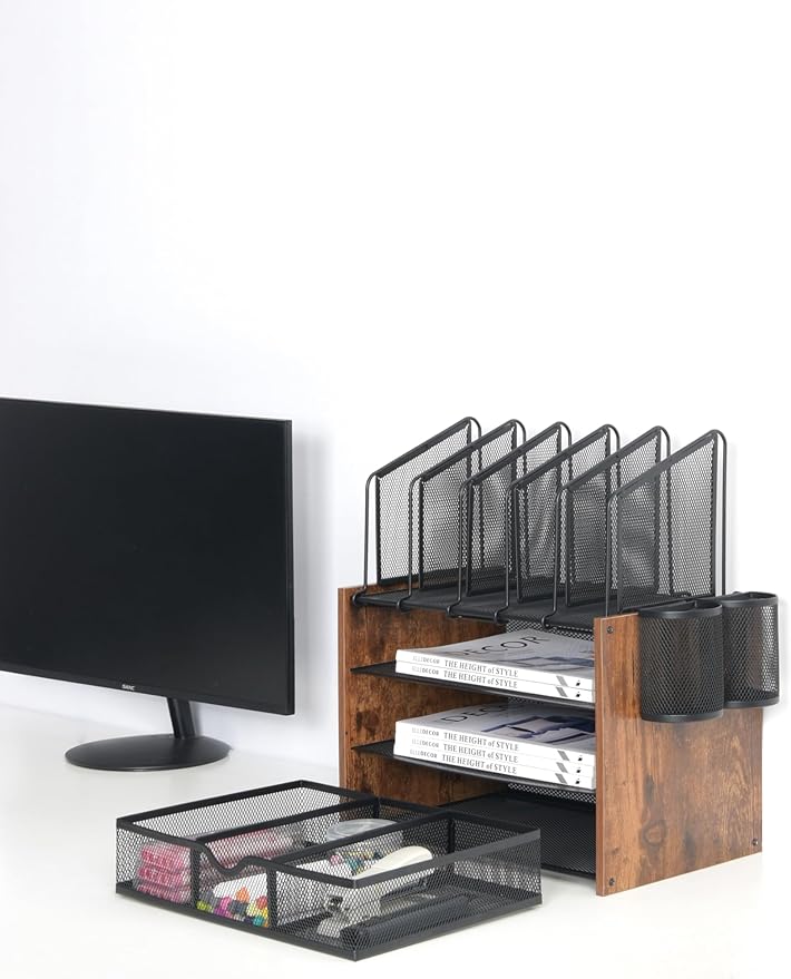 Wooden & Metal Desk Organizer – 4-Tier Vertical Desktop Storage with File Trays, Pen Holder & Drawer – Space-Saving Office & Home Workspace Organizer