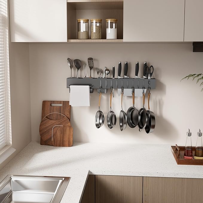 Stainless Steel Pot and Pan Hanger,Wall Mounted Pot Rack Kitchen Hanging Rail With S Hooks,Detachable Pans Hanging Rail Kitchen Utensils Hanger,23.7 Inch Wall Mounted Hanging Pot Rack