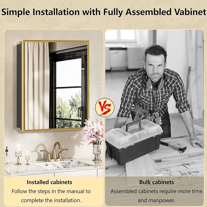 Bathroom Medicine Cabinet with Mirror, Recess or Surface Mount, Single Door Cabinet Famerhouse Bathroom Mirror with Storage Cabinet (Brush Gold, 16"x26")