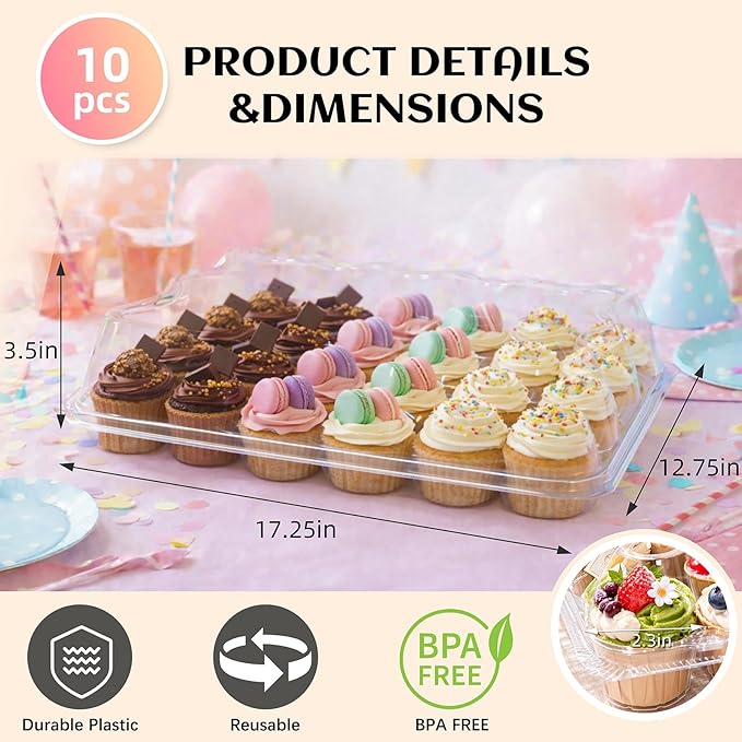 (24 Count x 10 Sets Plastic Cupcake Containers with Liners, Clear Cupcake Holder with Lids, Disposable Cupcake Carrier for Bakery, Cupcake Storage Box for Parties, Bake Sale Packaging