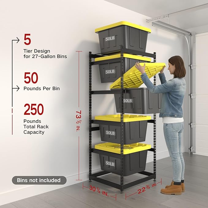 27 Gallon Tote Storage Rack, Heavy-Duty Storage Bin Rack Organizer, 5-Tier Standing Storage Bin Shelves, 250 lb Capacity, Maximize Space for Garage, Warehouse, Utility, 1-Pack (Totes Not Included)