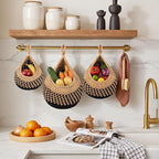 Honeydak Boho Decor Hanging Wall Baskets for Kitchen 3 Pack Teardrop Baskets with Hooks Storage Fruit Onion Vegetable Potato for Home 3 Sizes(Linen with Black,Teardrop,Cotton Rope)