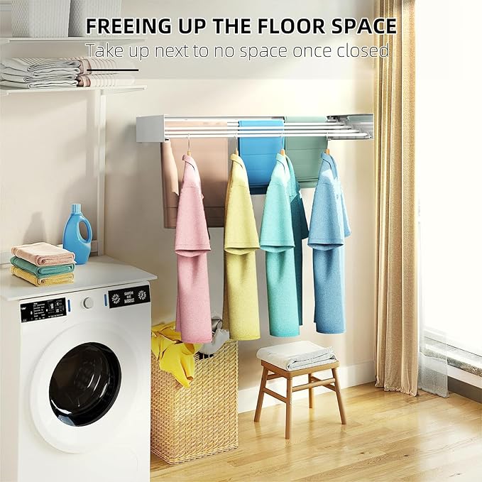 Laundry Drying Rack, Collapsible Wall Mounted Clothes Drying Rack - Drying Rack Clothing Foldable,Space Saving, 32" Wide, 13.2 Linear Ft, 5 Aluminum Rods, 60 lb Capacity (White, 32")