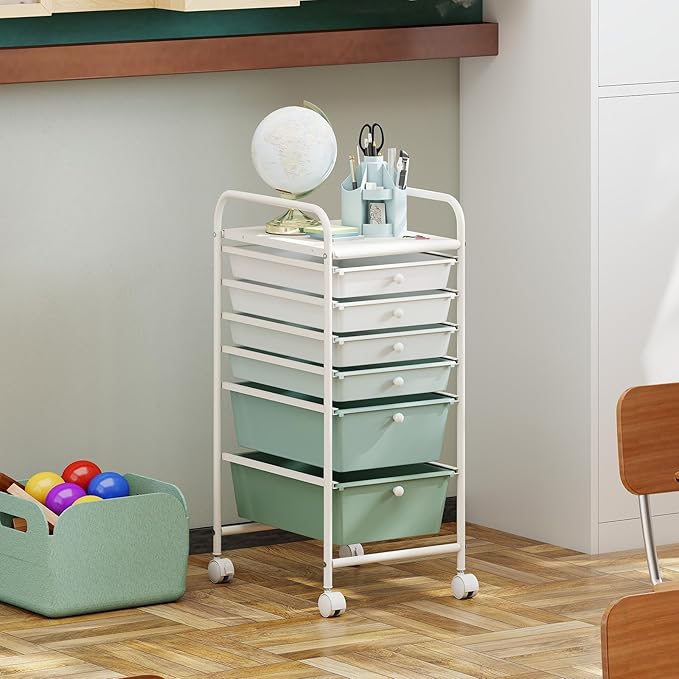 Giantex 6 Storage Drawer Cart Rolling Organizer Cart for Tools Scrapbook Paper Home Office School Multipurpose Mobile Utility Cart, Green Gradient
