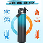 24oz Insulated Stainless Steel Water Bottle, Wide Mouth Double Wall Vacuum, Silicone Straw, Sweat & Leak Proof, BPA Free Insulated Water Flask for Travel, Keep Cold 24h Hot 12h, Blue