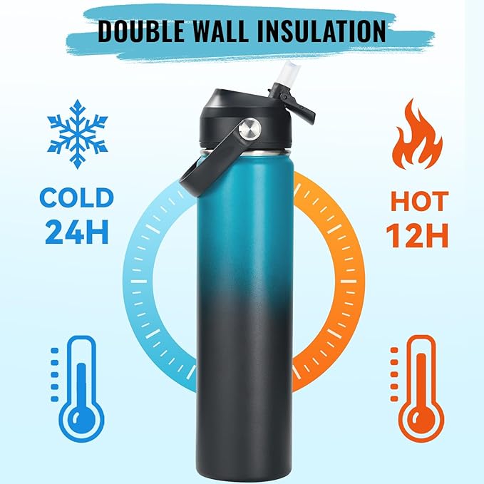 24oz Insulated Stainless Steel Water Bottle, Wide Mouth Double Wall Vacuum, Silicone Straw, Sweat & Leak Proof, BPA Free Insulated Water Flask for Travel, Keep Cold 24h Hot 12h, Blue