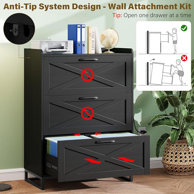 File Cabinet 3 Drawers Lateral File Cabinet with Charging Station for Letter/Legal/A4 Size Hanging Files, Large Wood File Storage Cabinets Printer Stand for Home Office, Black