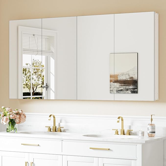 Keonjinn 64 x 32 Inch Medicine Cabinet, Assembly Required, White Bathroom Medicine Cabinets Mirror, Lightweight, Adjustable Shelves, Surface Mount or Recessed, Tempered Glass