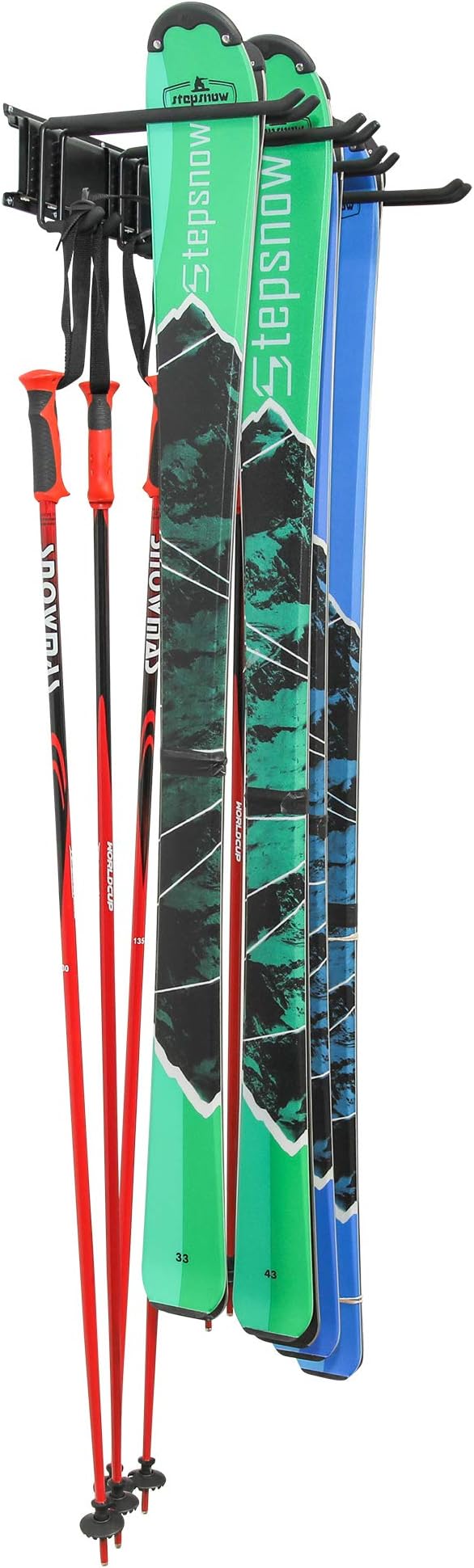 RaxGo Ski Wall Rack, Holds 4 Pairs of Skis & Skiing Poles or Snowboard for Home and Garage Storage, Wall Mounted, Heavy Duty and Adjustable Rubber-Coated Hooks