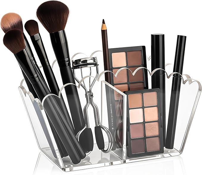 Clear Acrylic Pen Holder 2-Compartment Scalloped Desk Caddy for Office, Vanity or Bathroom – Makeup Brush & Pencil Organizer (2-Comp)