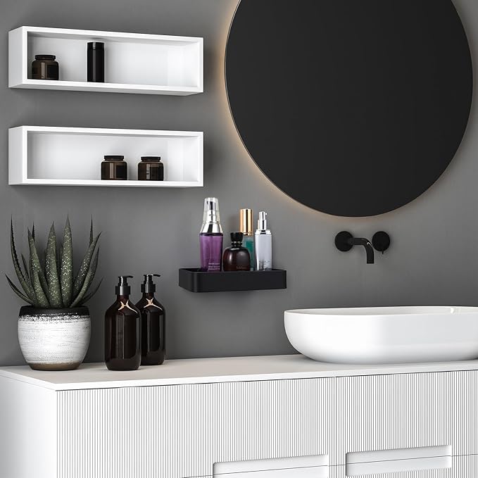 Z metnal Small Glass Bathroom Shelves, Matte Black Floating Shelf, Mini Wall Shelf Organizer, Wall Mounted (Clear Glass, 8 inch/20cm)