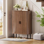ONBRILL 6-Tier Shoe Cabinet with Sliding Door, Wooden Shoe Storage Cabinet with Adjustable Shelves, Mid-Century Modern Freestanding Shoe Storage Organizer for Entryway, Hallway, Living Room, Walnut