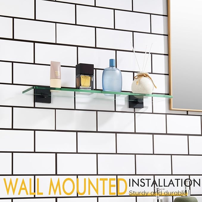 KOKOSIRI Bathroom Shelves Wall Mount Tempered Glass Floating Shelf 20-Inch Kitchen Hanging Rack Shower Storage, 2 Pack Black Stainless Steel B1107BK-L20-P2