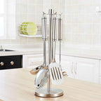 Utensil Rack, 360 Degree Rotating Kitchen Organizer Silver Space Saving Hanging Spatula Spoon Soup Ladle Holder with 5 Hooks for Home Countertop Cooking Utensil Holder