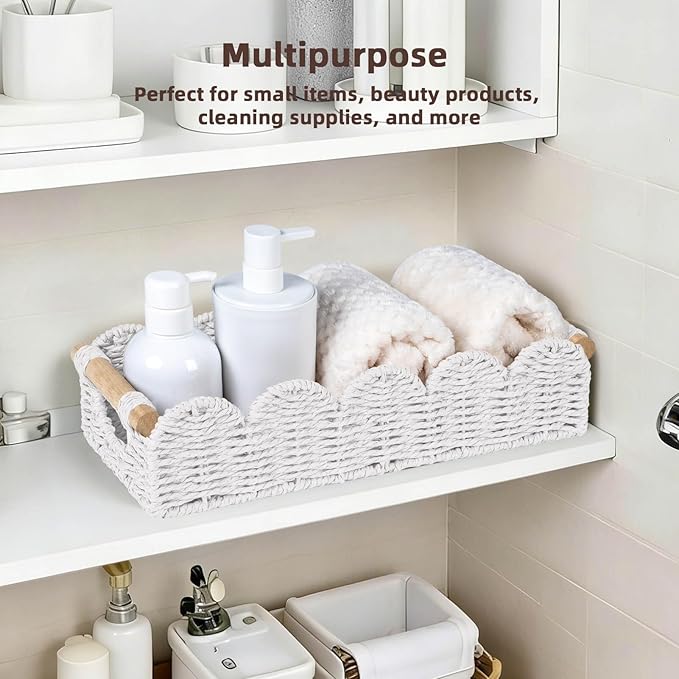 CubesLand Bathroom Basket Organizer w/Cut Out Handle, Back of Toilet Paper Storage Baskets Tray for Bathroom Countertop Decorative, Scalloped Wicker Basket Also for Home Decor, Living Room, White