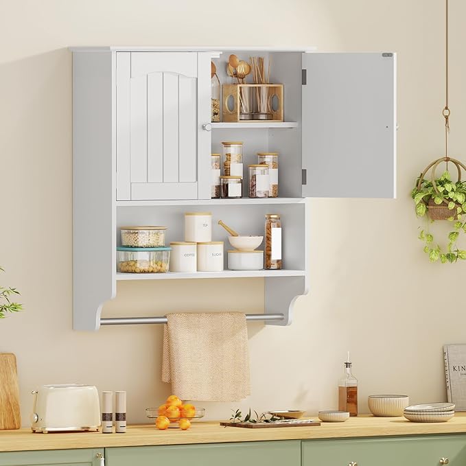 Iwell Bathroom Wall Cabinet, Over The Toilet Storage Cabinet with Towel Rack & Adjustable Shelf, Medicine Cabinet for Bathroom, White