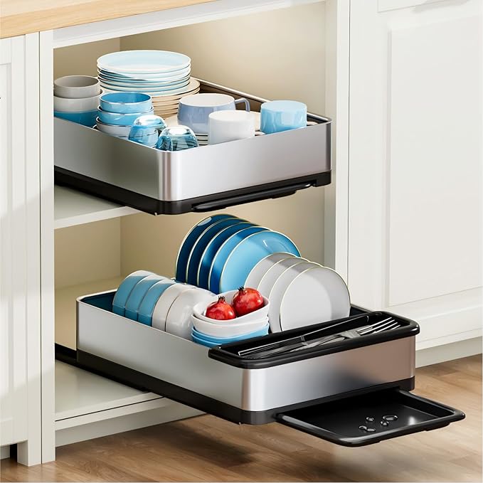 Ewaiira Dish Drying Rack, 304 Stainless Steel Dish Racks for Kitchen Counter, Space Saving Kitchen Organizer (1-Tier Black Pull Out Dish Rack)
