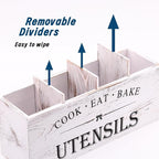 Kitchen Utensil Holder for Counter or Countertop, Extra Large Wood Organizer with 4 Compartments, Wooden Storage for Cooking and Silverware, Rustic Minimalist Decor, Sturdy Utensil Crock-White