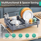 TOOLF Dish Drying Rack with Drainboard, Extendable Dish Rack for Kitchen Counter, Expandable Dish Drainer, Dish Strainer, Foldable Home Countertop Plate Storage Rack with Cutlery Holder, Gray