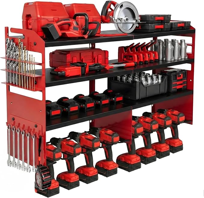 4-Tier Heavy Duty Power Tool Organizer, 600lbs Capacity Reinforced Steel Drill Rack with Side Accessory Mounting Studs, High-Visibility Wall Mount Storage, Red