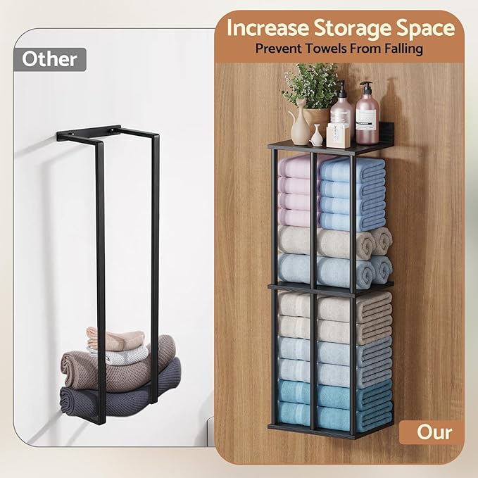 Bathroom Towel Storage, Black Bathroom Towel Holder, Wall Mounted Towels Racks Shelf Towels Organizer for Rolled Towels, 34inch Modern Storage Rack Organizer for RV