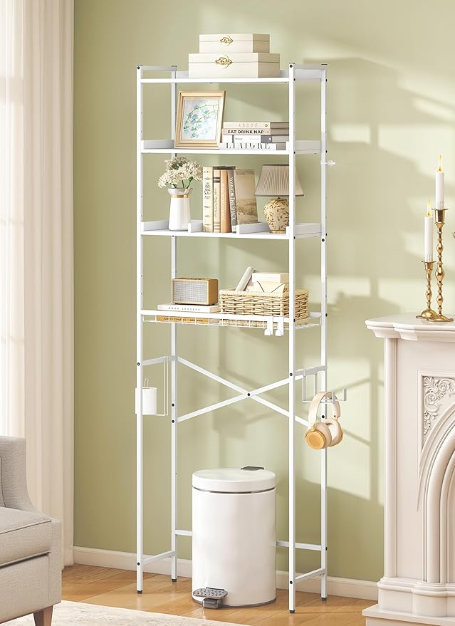 4 Tier Over The Toilet Storage Shelf with 3 Adjustable Shelves, Space Saver Bathroom Organizer with 4 Hooks, Freestanding Above Toilet Rack for Restroom Laundry (White)