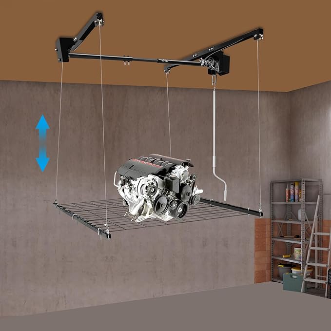 Overhead Garage Storage Rack Metal Garage Ceiling Storage Rack Ceiling Shelf Overhead Organization 300lbs Load Bearing Capacity Max Adjustable Height: 79in (48 * 48in L*W, Matte Black)