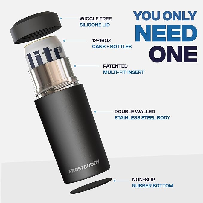 Frost Buddy Universal Buddy Can Cooler - Fits All - For Regular 12 & 16 oz or Slim-Size Bottles - Insulated Double-Walled Stainless Steel (Golf)
