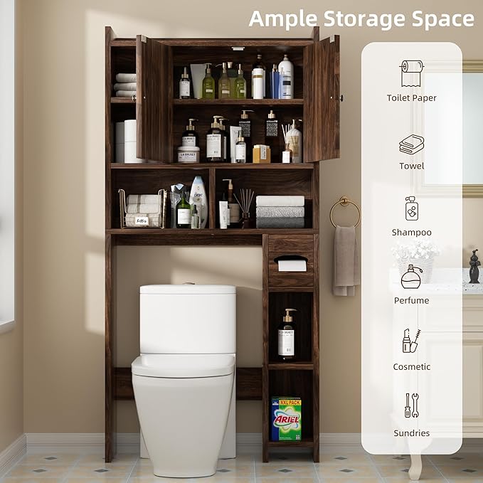 Shintenchi Over the Toilet Storage Cabinet, Bathroom Storage Cabient with Barn Doors, Bathroom Storage Shelf Organizer with Toilet Paper Holder, Adjustable Shelf and Anti-Tip Device, Walnut