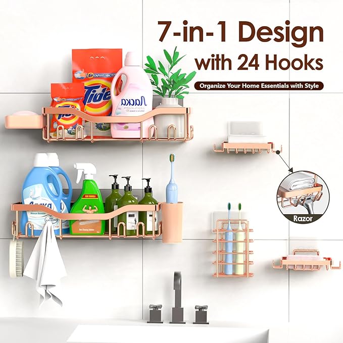 Shower Caddy Adhesive Shower Organizer 7-Pack, Rustproof Stainless Steel Bathroom Shelves, Large Capacity No-Drill Rack Storage Accessories with Soap Dish Toothbrush Holder Hooks