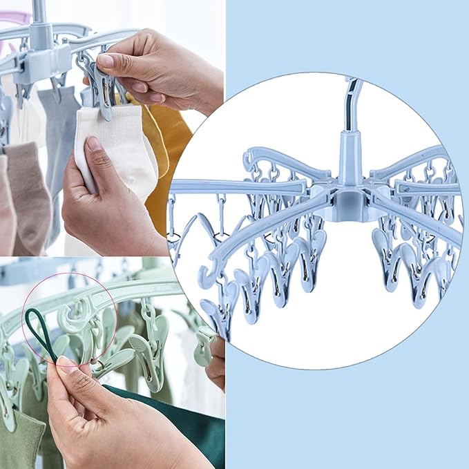 2 PCS Foldable Drying Rack with 24 Clips for Drying Socks Lingerie Baby Clothes Drying Towels Rotatable Sock Drying Rack (Blue)