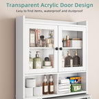 Over The Toilet Storage Cabinet with Clear Doors, Behind Toilet Organizer with Toilet Paper Holder Stand, Above Toilet Shelf, Space Saver for Bathroom, Laundry, Restroom, White