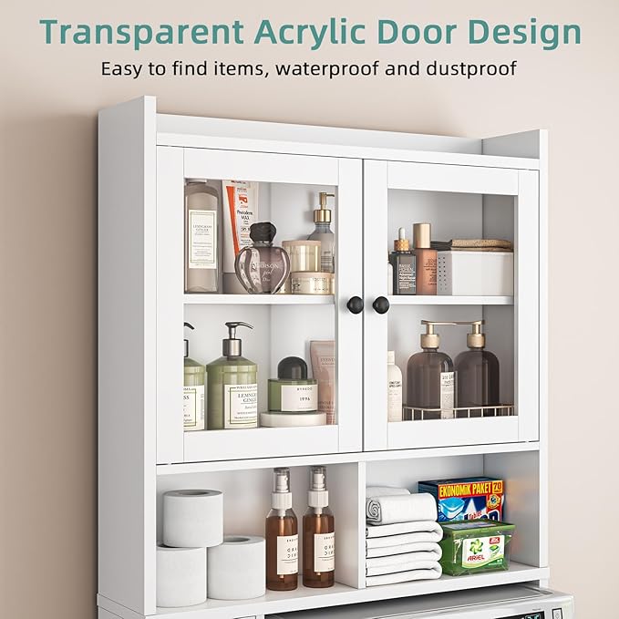 Over The Toilet Storage Cabinet with Clear Doors, Behind Toilet Organizer with Toilet Paper Holder Stand, Above Toilet Shelf, Space Saver for Bathroom, Laundry, Restroom, White