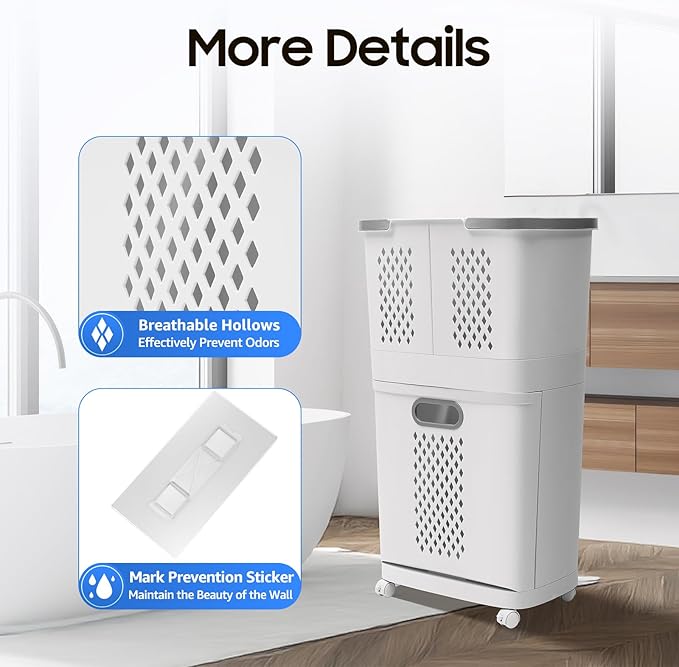 2-in-1 Laundry Sorter Hamper with Wheels | 4 Compartments, Detachable Wall Mount Baskets | for Bedroom, Bathroom, Closet Organization (Grey)