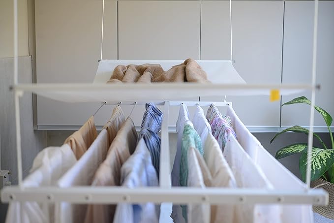 Ceiling Mounted Pulley Drying Rack – Aluminum Clothesline with Mesh Shelf for Delicates – Space-Saving Design for Laundry Room (55.12" x 23.6")