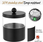Gaussra Black Apothecary Jars, Black Qtip Holder - Stainless Steel Bathroom Jar with Stickers - Farmhouse Decor Qtip Dispenser for Qtips, Cotton Balls, Swabs, Makeup Sponges (2-Pack)
