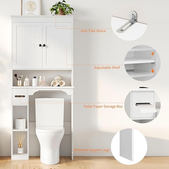GAOMON Over The Toilet Storage Cabinet, Bathroom Shelf Organizer with Anti-Tip Device Small Freestanding Space Saver with Adjustable Shelf